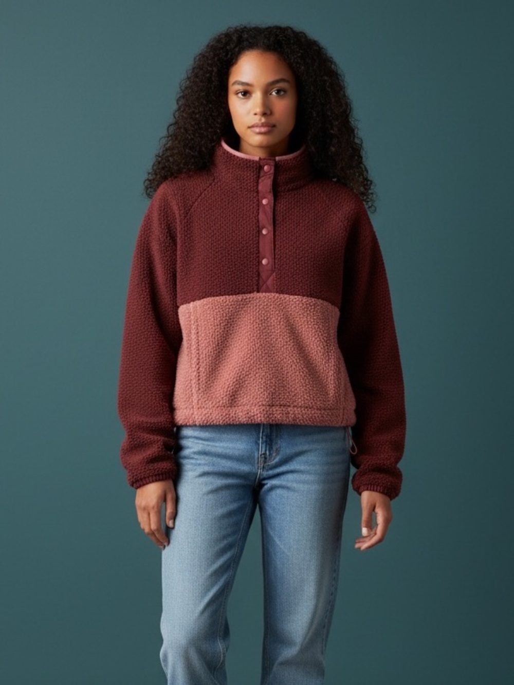 ❄️ Two-Tone Sherpa Pullover Jacket - Rose & Burgundy • Womens XS